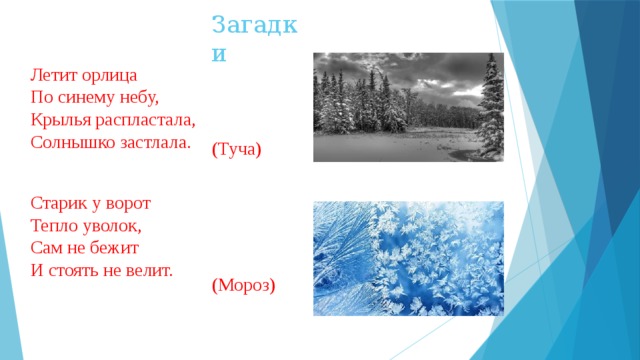 Загадки Летит орлица  По синему небу,  Крылья распластала,  Солнышко застлала. (Туча) Старик у ворот  Тепло уволок,  Сам не бежит  И стоять не велит. (Мороз)  