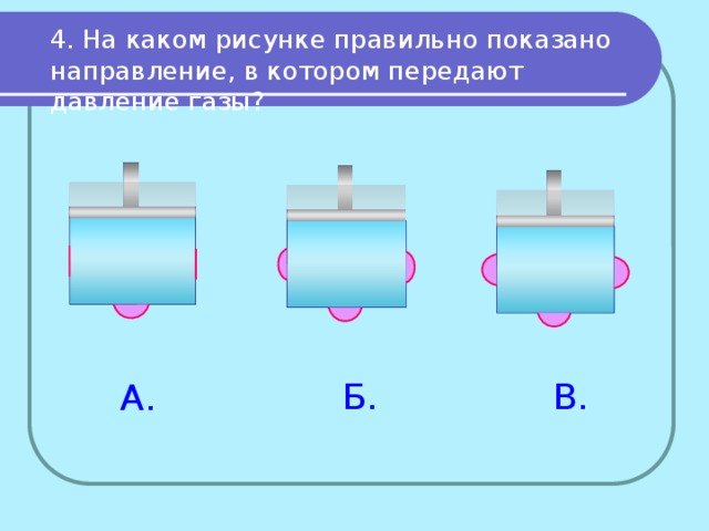 4. На каком рисунке правильно показано направление, в котором передают давление газы? Б. В. А. 