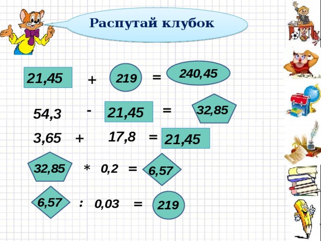 Распутай клубок 240,45 21,45 = 219 + - 32,85 = 21,45 54,3 17,8 = 3,65 + 21,45 0,2 32,85 = * 6,57 6,57 : 0,03 = 219 