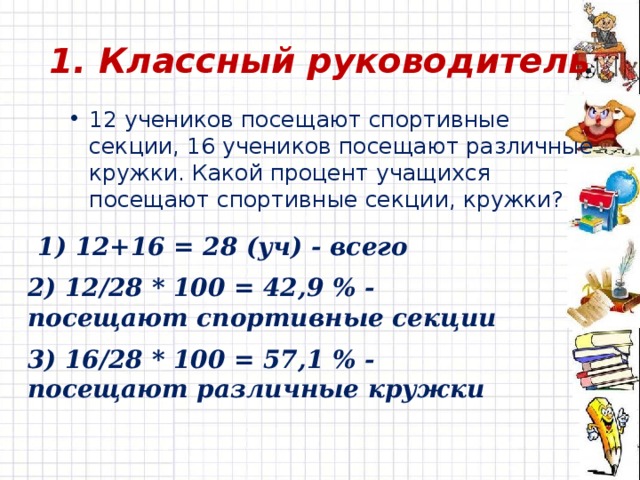 1. Классный руководитель 12 учеников посещают спортивные секции, 16 учеников посещают различные кружки. Какой процент учащихся посещают спортивные секции, кружки? 1) 12+16 = 28 (уч) - всего 2) 12/28 * 100 = 42,9 % - посещают спортивные секции 3) 16/28 * 100 = 57,1 % - посещают различные кружки 