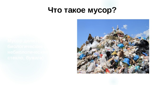 Что такое мусор? Мусор – это предметы или товары потерявшие потребительские свойства. Мусор делится на биологические (пищевые) и небиологические (пластик, стекло, бумага) 
