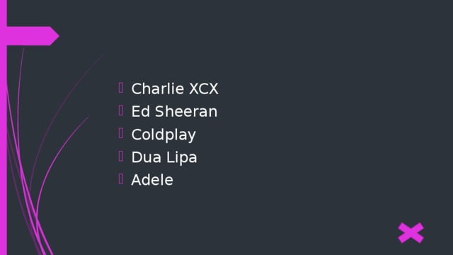 Charlie XCX Ed Sheeran Coldplay Dua Lipa Adele 
