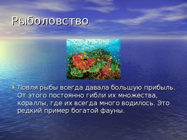 Ловля рыбы всегда давала большую прибыль. От этого постоянно гибли их множества, кораллы, где их всегда много водилось. Это редкий пример богатой фауны. 