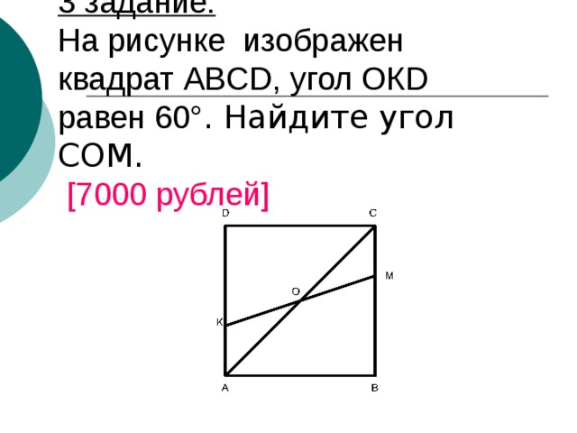 3 задание. На рисунке изображен квадрат ABCD , угол ОК D равен 60° . Найдите угол СОМ.   [7000 рублей]  