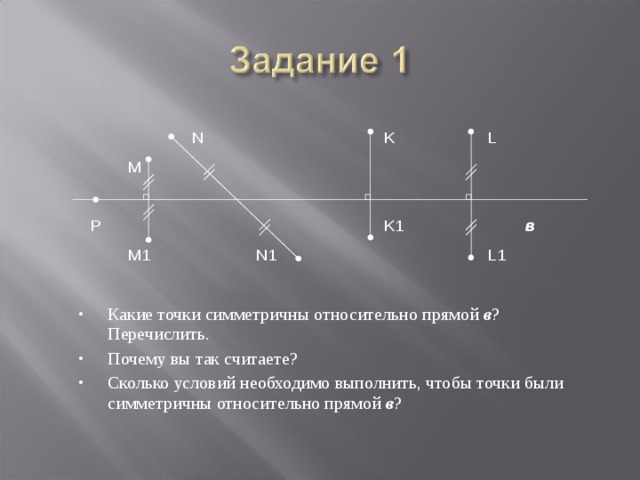   N    K  L  M  P      K1    в  M1   N1    L1 Какие точки симметричны относительно прямой в ? Перечислить. Почему вы так считаете? Сколько условий необходимо выполнить, чтобы точки были симметричны относительно прямой в ? 
