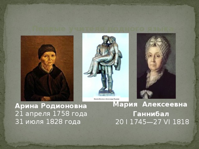 Первые учителя родного языка Мария  Алексеевна  Ганнибал  20 I 1745—27 VI 1818 Арина Родионовна 21 апреля 1758 года 31 июля 1828 года 