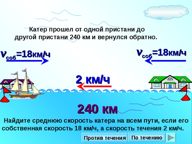 Катер прошел. Катер прошёл от одной Пристани до другой 240 км и вернулся обратно. Катер прошёл. От одной Пристани. Найдите среднюю скорость катера.