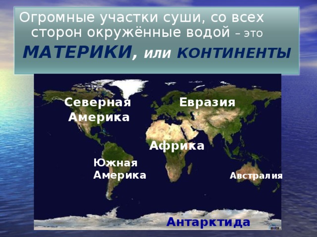 Огромные участки суши, со всех сторон окружённые водой – это  МАТЕРИКИ , ИЛИ  КОНТИНЕНТЫ Евразия Северная  Америка Африка Южная Америка Австралия Антарктида 2 