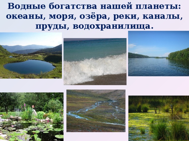 Водные богатства нашей планеты: океаны, моря, озёра, реки, каналы, пруды, водохранилища. 