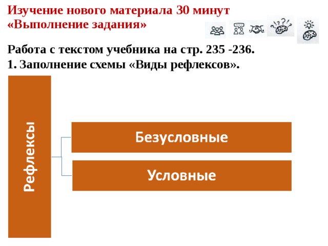 Изучение нового материала 30 минут  «Выполнение задания»   Работа с текстом учебника на стр. 235 -236. 1. Заполнение схемы «Виды рефлексов». 