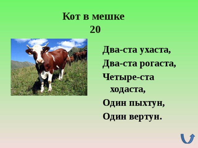 Кот в мешке  20 Два-ста ухаста, Два-ста рогаста, Четыре-ста ходаста, Один пыхтун, Один вертун. 