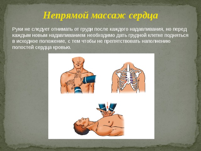 Непрямой массаж сердца Руки не следует отнимать от груди после каждого надавливания, но перед каждым новым надавливанием необходимо дать грудной клетке подняться в исходное положение, с тем чтобы не препятствовать наполнению полостей сердца кровью. 