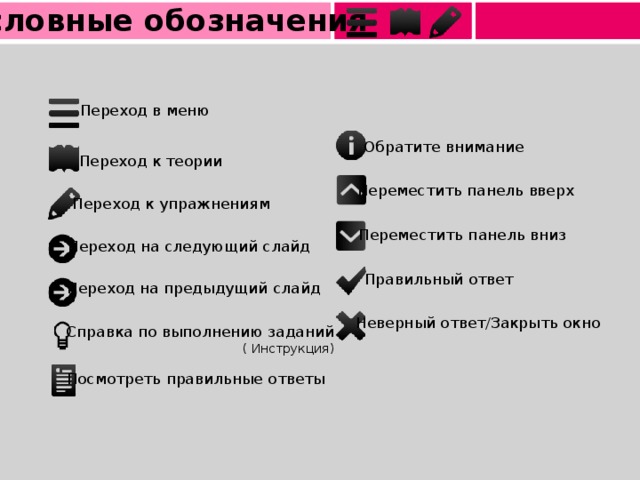 Условные обозначения Переход в меню Обратите внимание Переход к теории Переместить панель вверх Переход к упражнениям Переместить панель вниз Переход на следующий слайд Правильный ответ Переход на предыдущий слайд Неверный ответ/Закрыть окно Справка по выполнению заданий ( Инструкция) Посмотреть правильные ответы 