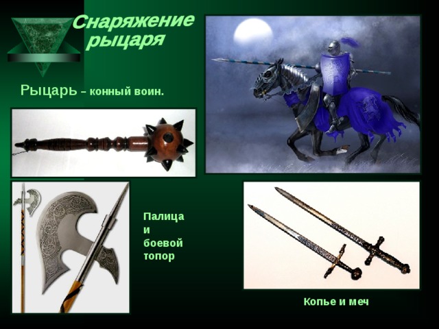 Рыцарь – конный воин. Палица и боевой топор Копье и меч 