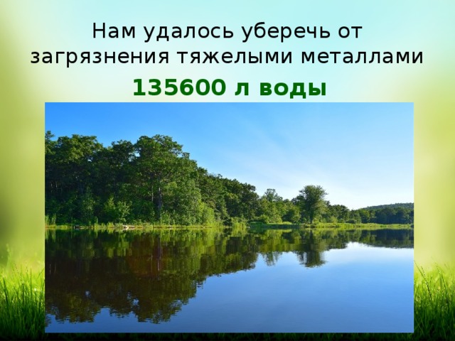 Нам удалось уберечь от загрязнения тяжелыми металлами 135600 л воды 