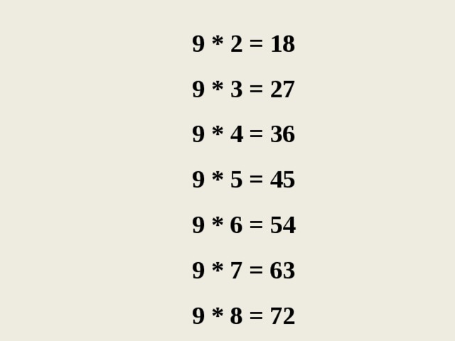 9 * 2 = 18 9 * 3 = 27 9 * 4 = 36 9 * 5 = 45 9 * 6 = 54 9 * 7 = 63 9 * 8 = 72