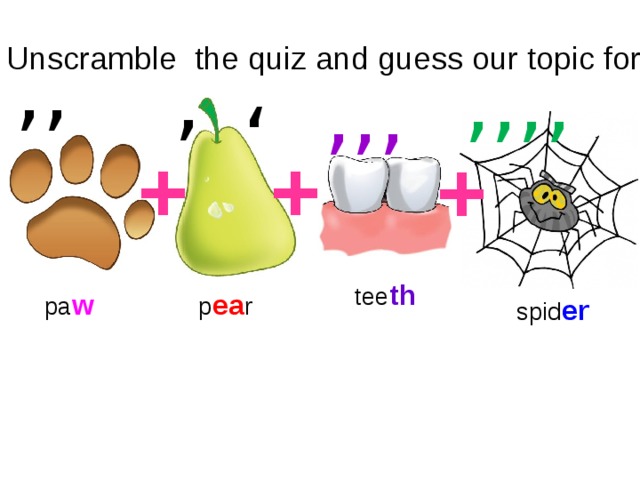 , ,, Unscramble the quiz and guess our topic for , ,,,, ,,, + + + tee th pa w p ea r spid er Pa w +p ea r+tee th +spid er= weather