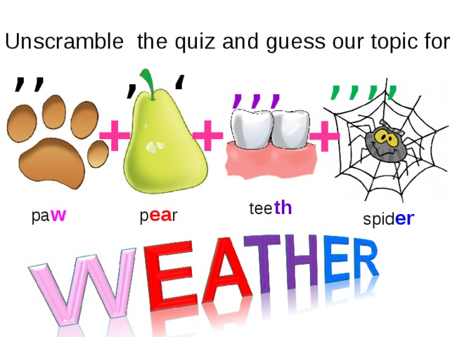 , ,, Unscramble the quiz and guess our topic for , ,,,, ,,, + + + tee th pa w p ea r spid er Pa w +p ea r+tee th +spid er= weather
