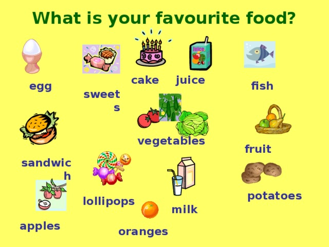 What is your favourite food? cake juice fish egg sweets vegetables fruit sandwich potatoes lollipops milk  apples оranges  