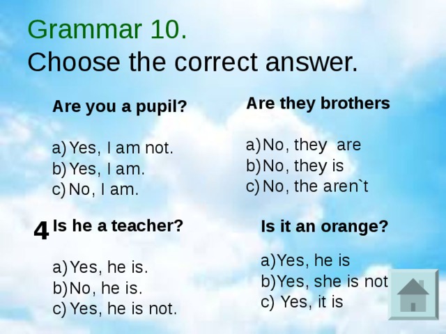 Grammar 10.   Choose the correct answer. Are they brothers  No, they are No, they is No, the aren`t Are you a pupil?  Yes, I am not. Yes, I am. No, I am. Is he a teacher?  Yes, he is. No, he is. Yes, he is not. Is it an orange? a)Yes, he is b)Yes, she is not c) Yes, it is 4 