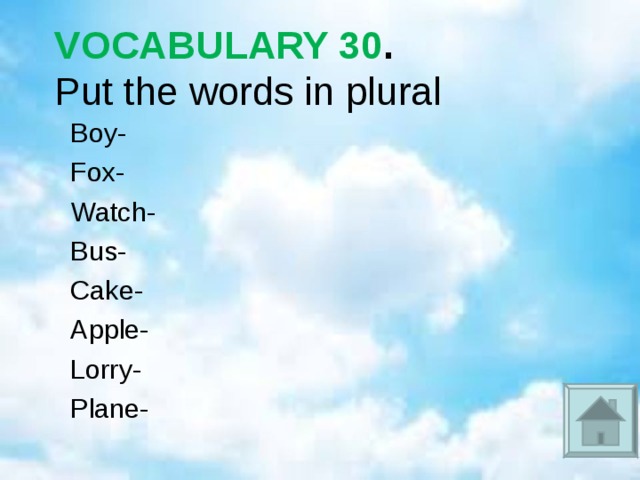 VOCABULARY 30 .  Put the words in plural Boy- F ox- Watch- Bus- Cake- Apple- Lorry- Plane- 