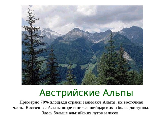 Австрийские Альпы Примерно 70% площади страны занимают Альпы, их восточная часть. Восточные Альпы шире и ниже швейцарских и более доступны. Здесь больше альпийских лугов и лесов.