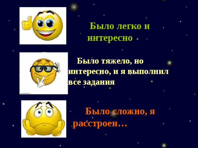  Было легко и интересно  Было тяжело, но интересно, и я выполнил все задания  Было сложно, я расстроен… 