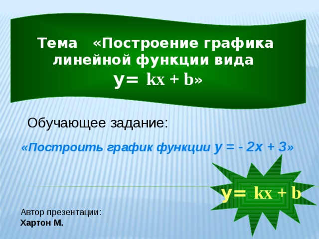 Тема «Построение графика линейной функции вида у= kx + b » Обучающее задание:  «Построить график функции у = - 2х + 3 » у= kx + b Автор презентации: Хартон М.  
