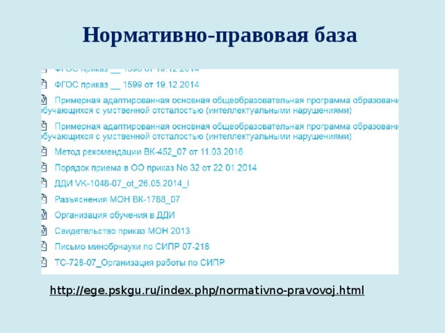 Нормативно-правовая база http://ege.pskgu.ru/index.php/normativno-pravovoj.html  