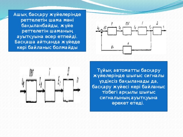 Ашық басқару жүйелерінде реттелетін шама мәні бақыланбайды, жүйе реттелетін шаманың ауытқуына әсер етпейді. Басқаша айтқанда жүйеде кері байланыс болмайды Тұйық автоматты басқару жүйелерінде шығыс сигналы үздіксіз бақыланады да, басқару жүйесі кері байланыс тізбегі арқылы шығыс сигналының ауытқуына әрекет етеді. 