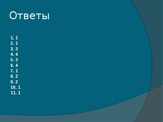 Ответы  1. 1 2. 1 3. 3 4. 4 5. 3 6. 4 7. 1 8. 2 9. 2 10. 1 11. 1 