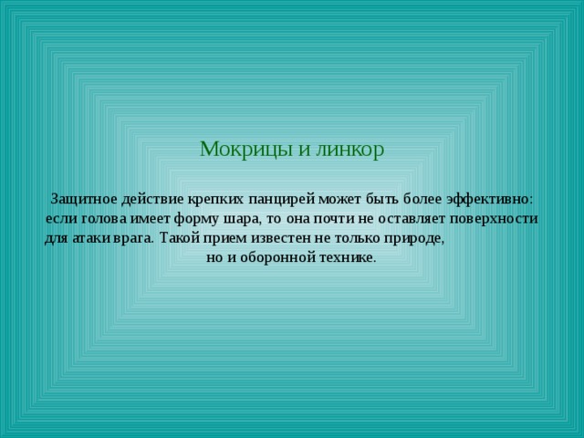 Мокрицы и линкор   Защитное действие крепких панцирей может быть более эффективно: если голова имеет форму шара, то она почти не оставляет поверхности для атаки врага. Такой прием известен не только природе, но и оборонной технике. 