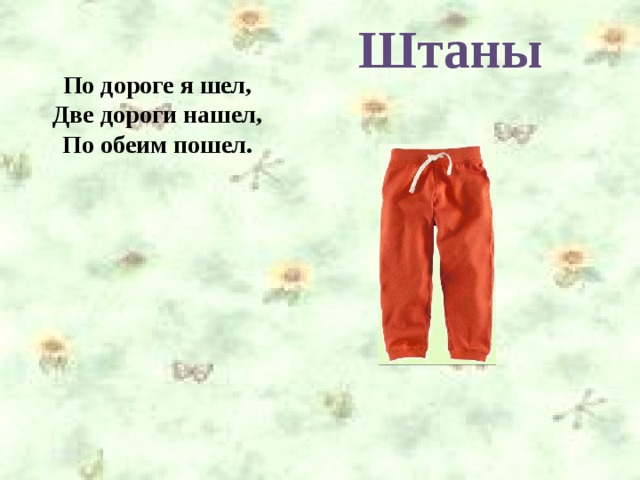 Штаны По дороге я шел, Две дороги нашел, По обеим пошел.