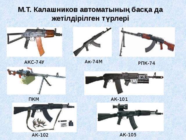 М.Т. Калашников автоматының басқа да жетілдірілген түрлері  Ак-74М АКС-74У РПК-74 ПКМ АК-101 АК-105 АК-102 