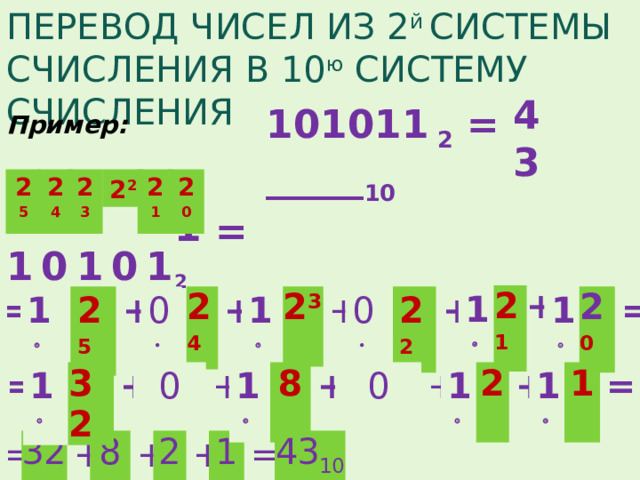ПЕРЕВОД ЧИСЕЛ ИЗ 2 й СИСТЕМЫ СЧИСЛЕНИЯ В 10 ю СИСТЕМУ СЧИСЛЕНИЯ ? 43 101011 2 = _____ 10 Пример: 2 3 2 2 2 1 2 5 2 0 2 4 1 0 1 0 1 1 2 = 1  2 1 + 0  1  2 4 2 2 2 5 = + 1  1  2 3 + 0  + + 2 0 = 0 0 1  1  1  + + = 2 8 1 = + 1  + 32 + 43 10 = 32 + 8 + 2 + 1 = 