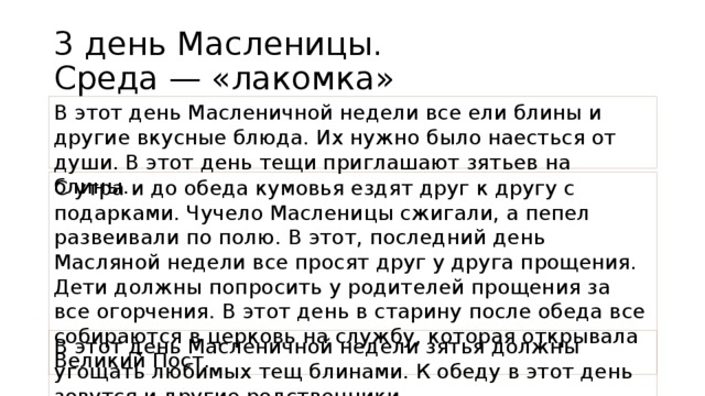 3 день Масленицы.  Среда — «лакомка» В этот день Масленичной недели все ели блины и другие вкусные блюда. Их нужно было наесться от души. В этот день тещи приглашают зятьев на блины. С утра и до обеда кумовья ездят друг к другу с подарками. Чучело Масленицы сжигали, а пепел развеивали по полю. В этот, последний день Масляной недели все просят друг у друга прощения. Дети должны попросить у родителей прощения за все огорчения. В этот день в старину после обеда все собираются в церковь на службу, которая открывала Великий Пост. В этот день Масленичной недели зятья должны угощать любимых тещ блинами. К обеду в этот день зовутся и другие родственники.