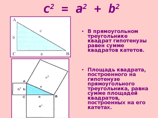с 2 = a 2 + b 2   В прямоугольном треугольнике квадрат гипотенузы равен сумме квадратов катетов.   Площадь квадрата, построенного на гипотенузе прямоугольного треугольника, равна сумме площадей квадратов, построенных на его катетах. 