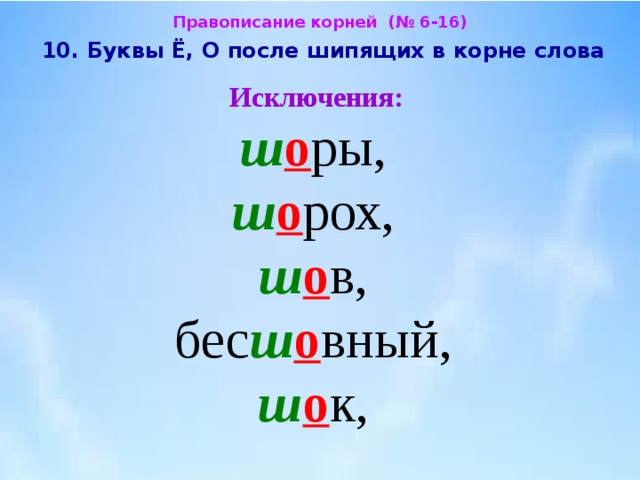 Слова с буквой е в корне. Буквы и у а после шипящих исключения. О-Ё после шипящих в корне исключения. О после шипящих исключения. О после шипящих в корне исключения.