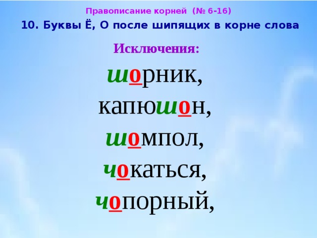 В корне слова после буквы. Слова исключения о ё после шипящих. Правописание шипящих в корне слова. Буквы ё о после шипящих в корне слова исключения. Слова с буквой о после ш.