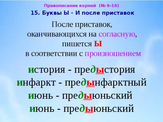 Правописание корней (№ 6-16)  15. Буквы Ы - И после приставок После приставок,  оканчивающихся на согласную ,  пишется Ы  в соответствии с произношением  и стория - пре д ы стория  и нфаркт - пре д ы нфарктный  и юнь - пре д ы юньский и юнь - пре д ы юньский 