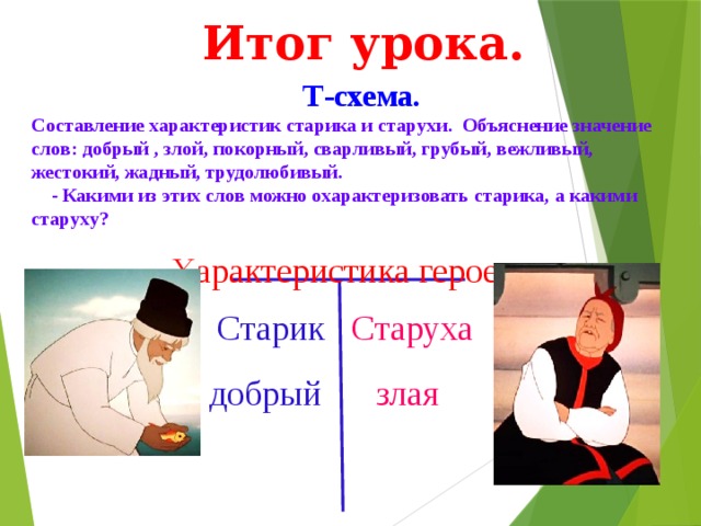 Итог урока.  Т-схема. Составление характеристик старика и старухи. Объяснение значение слов: добрый , злой, покорный, сварливый, грубый, вежливый, жестокий, жадный, трудолюбивый.  - Какими из этих слов можно охарактеризовать старика, а какими старуху? Характеристика героев Старик Старуха Подготовила учительница русского языка ср.шк.6. Фарапского этрапа Эминова Огулжан . злая добрый  