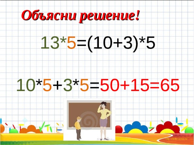Объясни решение! 13* 5 =(10+3)*5 10 * 5 + 3 * 5 = 50+15=65 