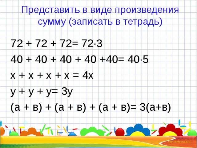 Представить в виде произведения сумму (записать в тетрадь) 72 + 72 + 72= 72·3 40 + 40 + 40 + 40 +40= 40·5 х + х + х + х = 4х у + у + у= 3у (а + в) + (а + в) + (а + в)= 3(а+в)