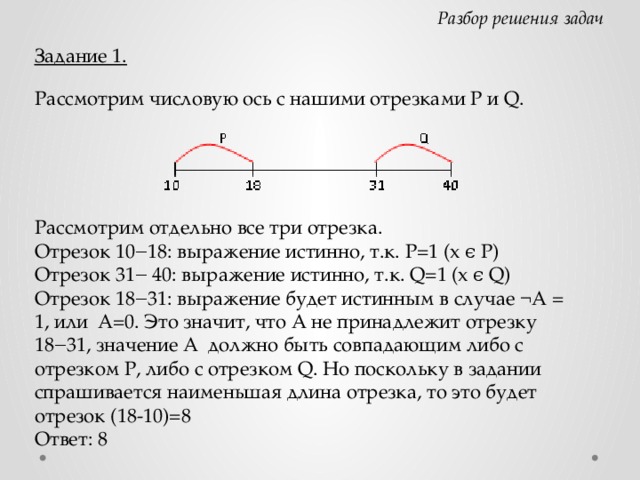 Разбор решения задач Задание 1. Рассмотрим числовую ось с нашими отрезками P и Q. Рассмотрим отдельно все три отрезка. Отрезок 10‒18: выражение истинно, т.к. Р=1 (x ϵ P) Отрезок 31‒ 40: выражение истинно, т.к. Q=1 (x ϵ Q) Отрезок 18‒31: выражение будет истинным в случае ¬A = 1, или А=0. Это значит, что А не принадлежит отрезку 18‒31, значение А должно быть совпадающим либо с отрезком Р, либо с отрезком Q. Но поскольку в задании спрашивается наименьшая длина отрезка, то это будет отрезок (18-10)=8 Ответ: 8 