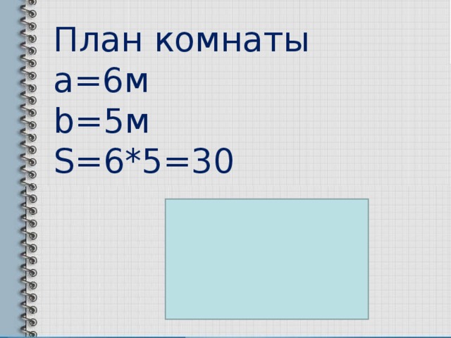 План комнаты a=6 м b=5 м S =6*5=30 