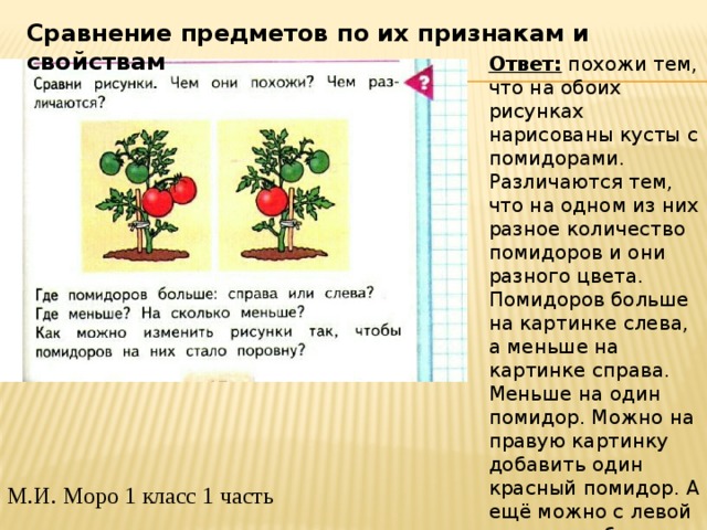 Сравнение предметов по их признакам и свойствам Ответ: похожи тем, что на обоих рисунках нарисованы кусты с помидорами. Различаются тем, что на одном из них разное количество помидоров и они разного цвета. Помидоров больше на картинке слева, а меньше на картинке справа. Меньше на один помидор. Можно на правую картинку добавить один красный помидор. А ещё можно с левой картинки убрать один красный помидор. М.И. Моро 1 класс 1 часть 