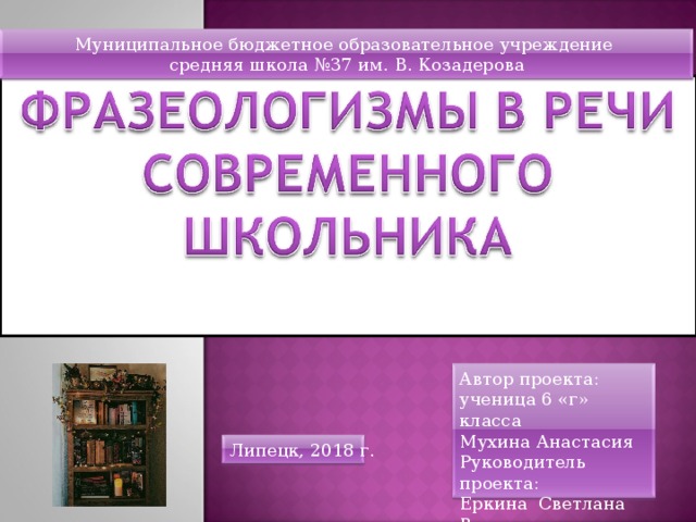 Муниципальное бюджетное образовательное учреждение средняя школа №37 им. В. Козадерова Автор проекта: ученица 6 «г» класса Мухина Анастасия Руководитель проекта: Еркина Светлана Владимировна Липецк, 2018 г. 