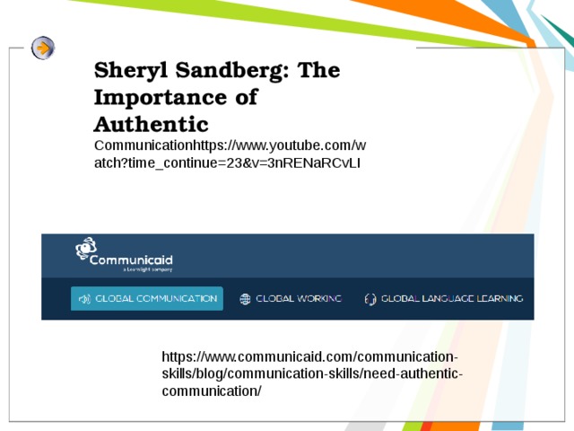 Sheryl Sandberg: The Importance of Authentic Communicationhttps://www.youtube.com/watch?time_continue=23&v=3nRENaRCvLI https://www.communicaid.com/communication-skills/blog/communication-skills/need-authentic-communication/ 