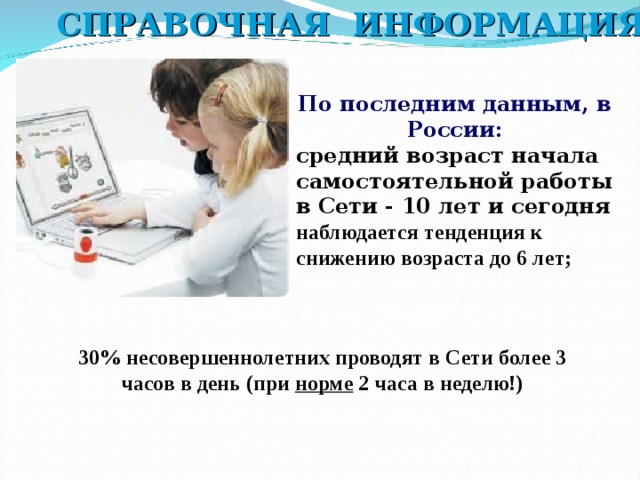 СПРАВОЧНАЯ ИНФОРМАЦИЯ  По последним данным, в России: средний возраст начала самостоятельной работы в Сети - 10 лет и сегодня наблюдается тенденция к снижению возраста до 6 лет;  30% несовершеннолетних проводят в Сети более 3 часов в день (при норме 2 часа в неделю!) 
