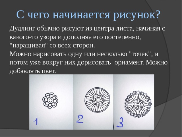 С чего начинается рисунок? Дудлинг обычно рисуют из центра листа, начиная с какого-то узора и дополняя его постепенно, 